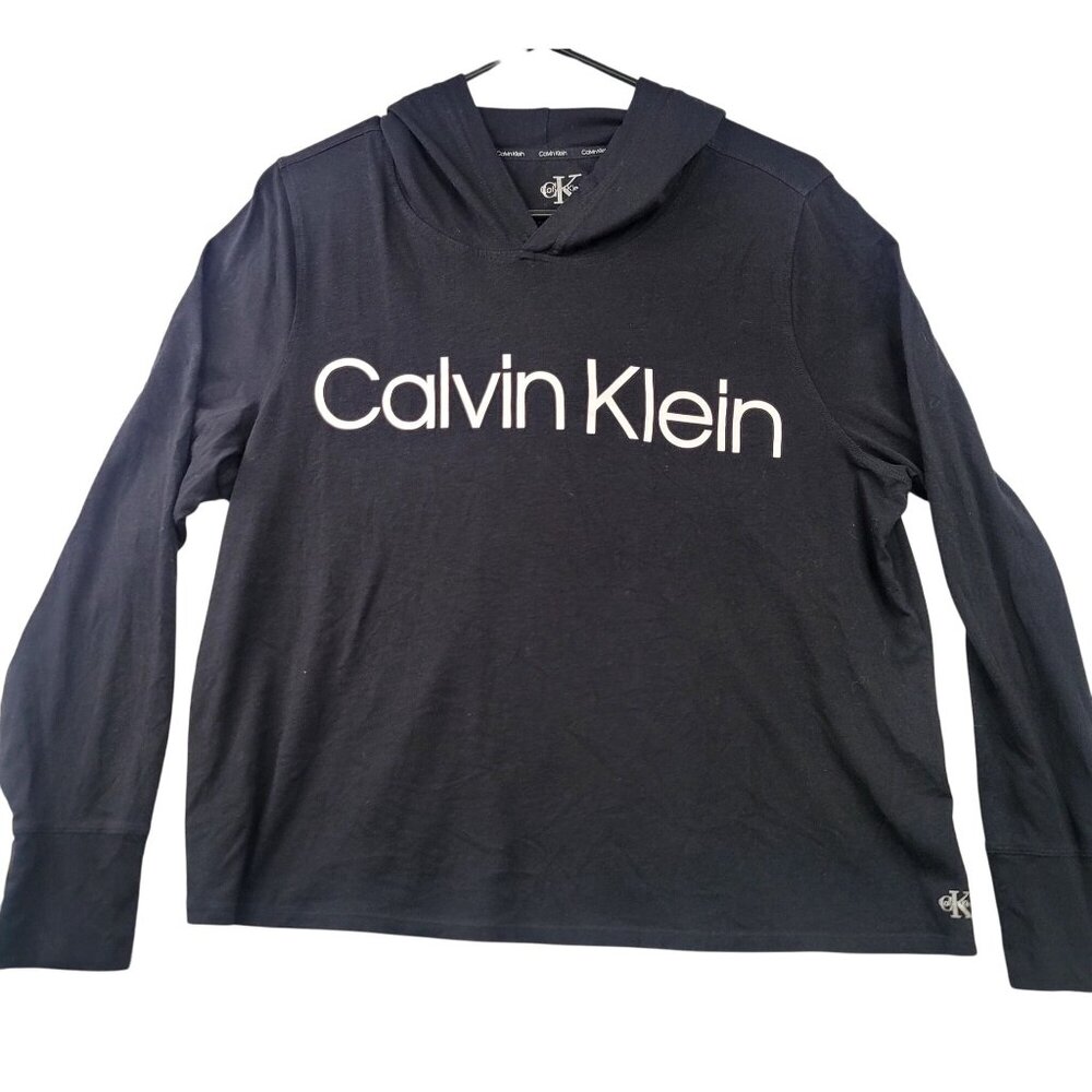 Calvin Klein Black Logo Hooded Long Sleeve Tee M Lightweight Pullover Top